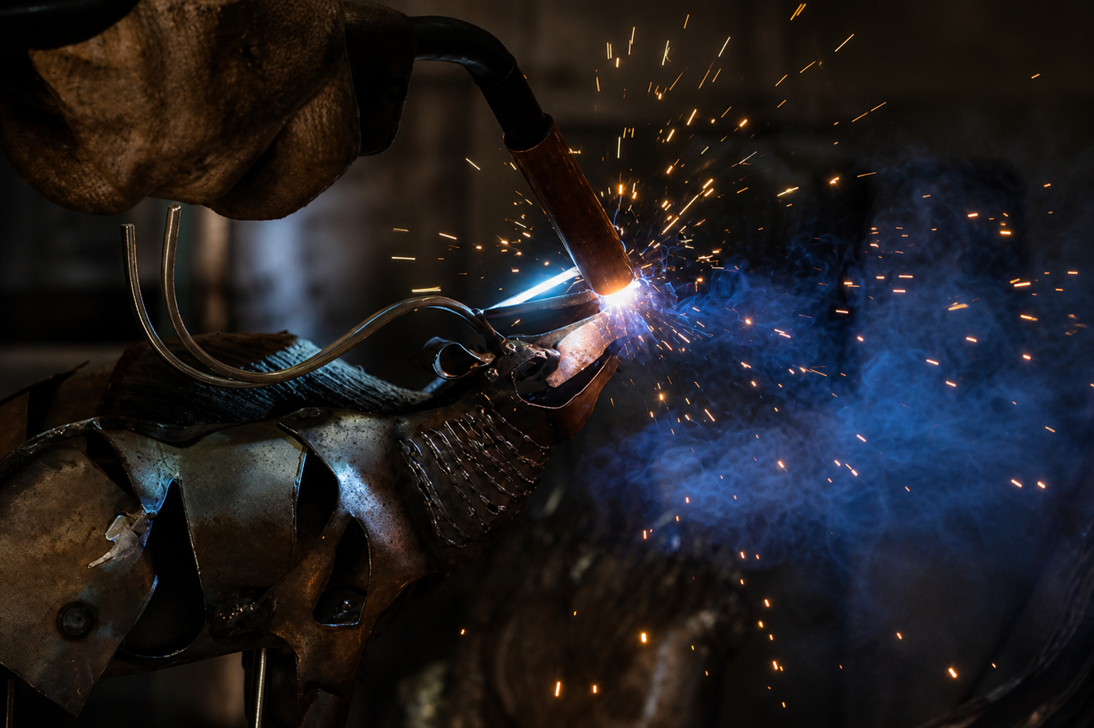 Metal sculpture being finished by hand